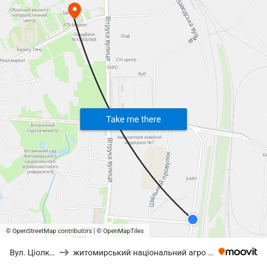 Вул. Ціолковського to житомирський національний агро екологічний університет map