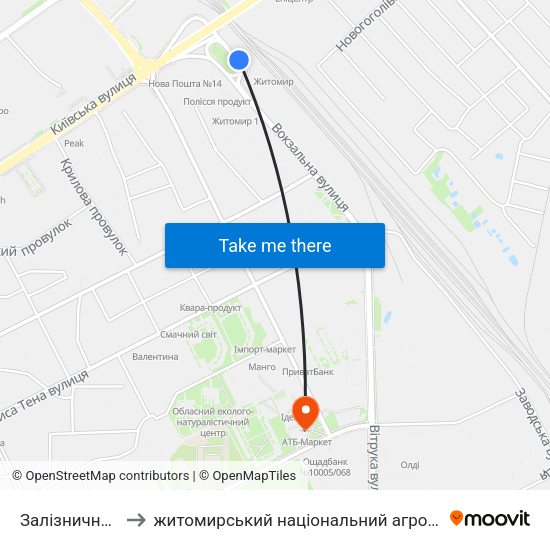 Залізничний Вокзал to житомирський національний агро екологічний університет map