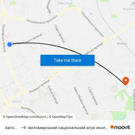 Автоцентр to житомирський національний агро екологічний університет map