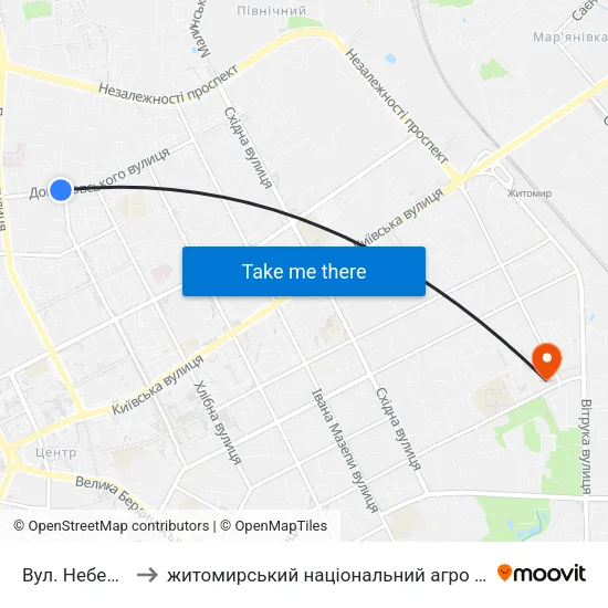 Вул. Небесної Сотні to житомирський національний агро екологічний університет map