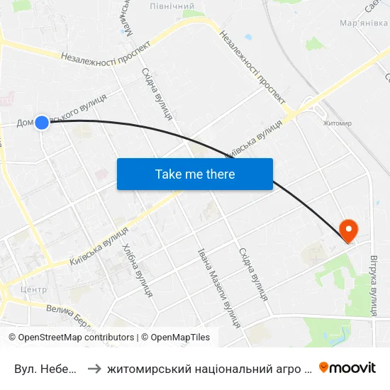 Вул. Небесної Сотні to житомирський національний агро екологічний університет map