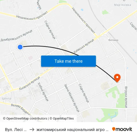 Вул. Лесі Українки to житомирський національний агро екологічний університет map