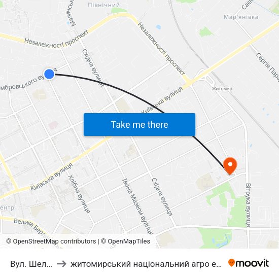 Вул. Шелушкова to житомирський національний агро екологічний університет map