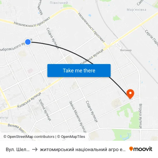 Вул. Шелушкова to житомирський національний агро екологічний університет map