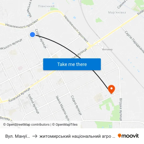 Вул. Мануїльського to житомирський національний агро екологічний університет map