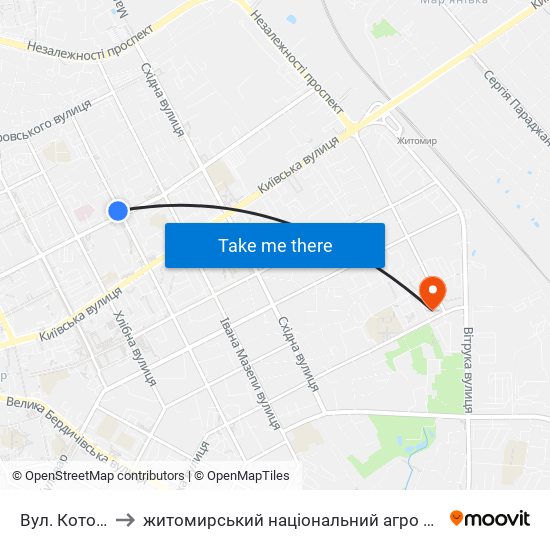 Вул. Котовського to житомирський національний агро екологічний університет map