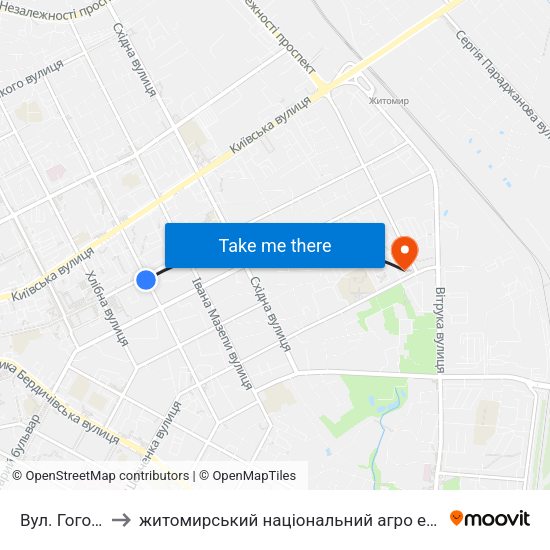 Вул. Гоголівська to житомирський національний агро екологічний університет map