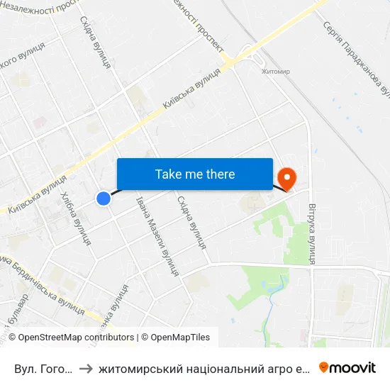 Вул. Гоголівська to житомирський національний агро екологічний університет map