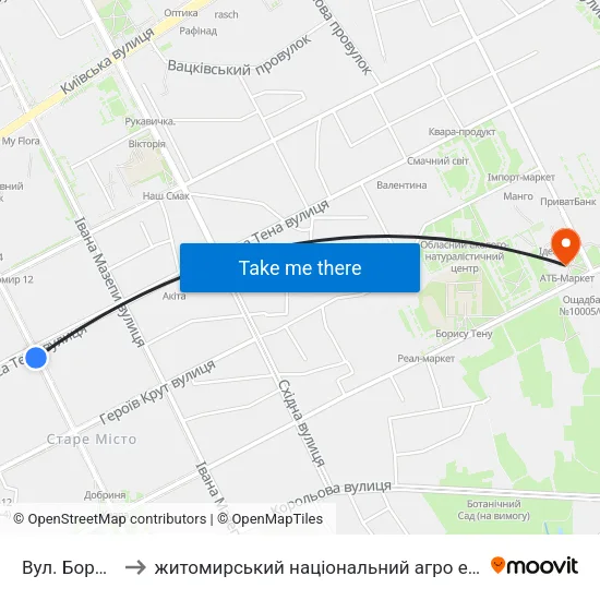 Вул. Бориса Тена to житомирський національний агро екологічний університет map