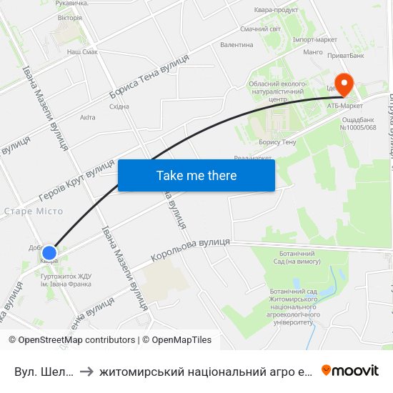 Вул. Шелушкова to житомирський національний агро екологічний університет map