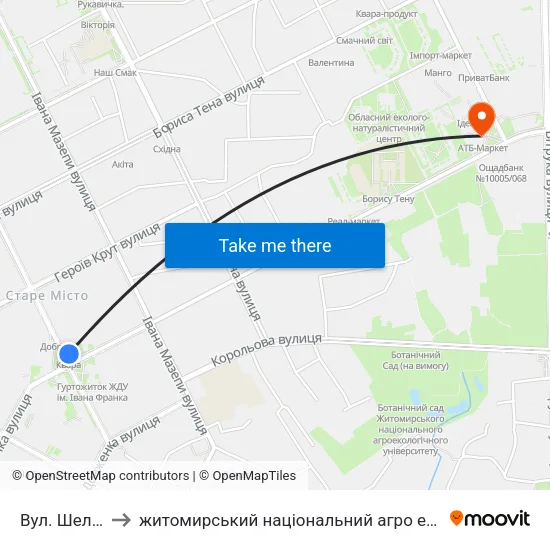 Вул. Шелушкова to житомирський національний агро екологічний університет map
