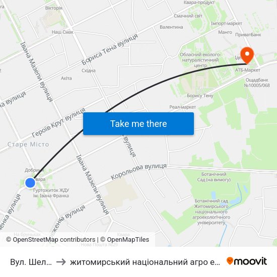 Вул. Шелушкова to житомирський національний агро екологічний університет map