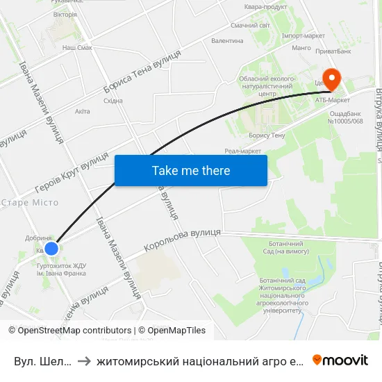 Вул. Шелушкова to житомирський національний агро екологічний університет map
