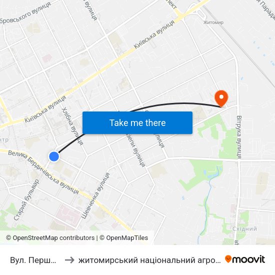 Вул. Першого Травня to житомирський національний агро екологічний університет map
