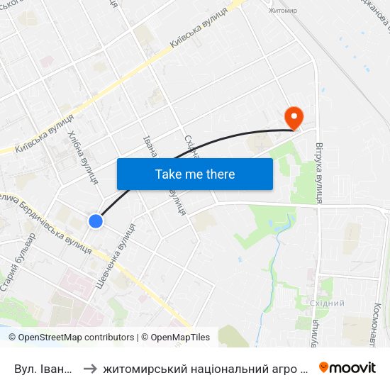 Вул. Івана Франка to житомирський національний агро екологічний університет map