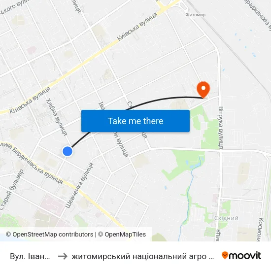 Вул. Івана Франка to житомирський національний агро екологічний університет map
