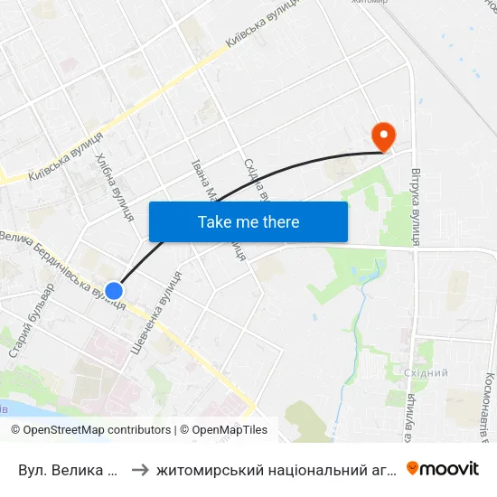 Вул. Велика Бердичівська to житомирський національний агро екологічний університет map