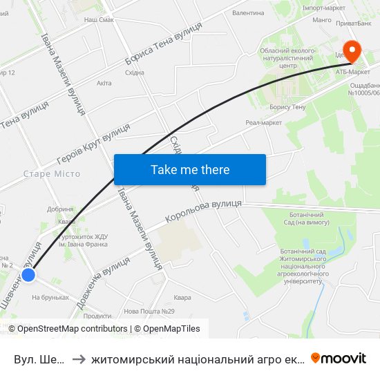 Вул. Шевченка to житомирський національний агро екологічний університет map