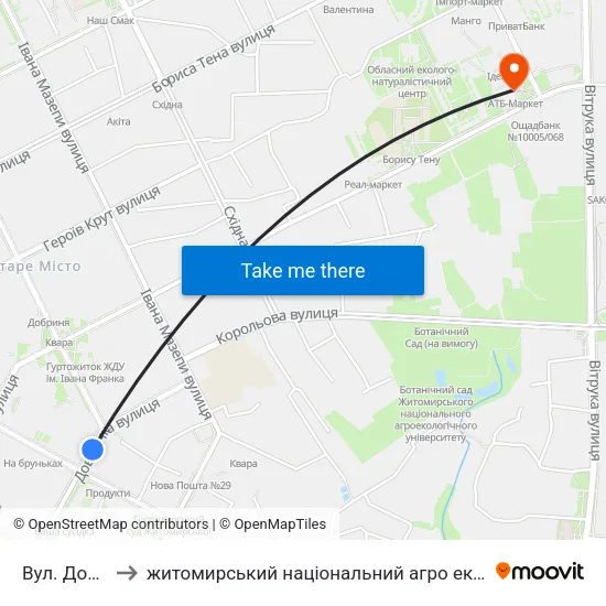 Вул. Довженка to житомирський національний агро екологічний університет map