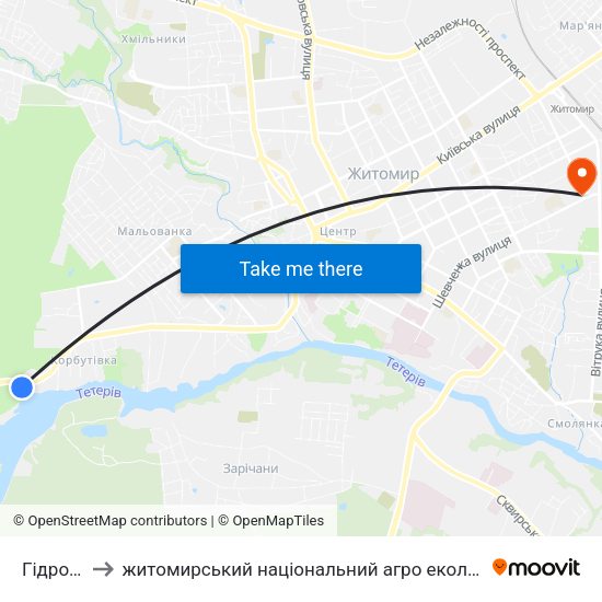 Гідропарк to житомирський національний агро екологічний університет map