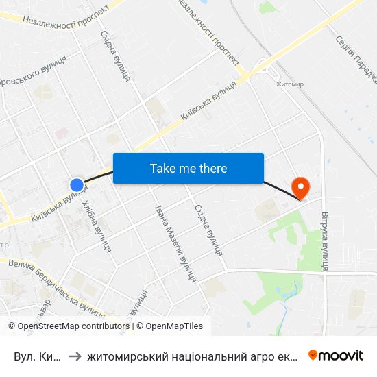 Вул. Київська to житомирський національний агро екологічний університет map