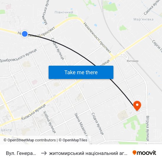 Вул. Генерала Потапова to житомирський національний агро екологічний університет map