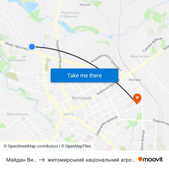Майдан Визволення to житомирський національний агро екологічний університет map