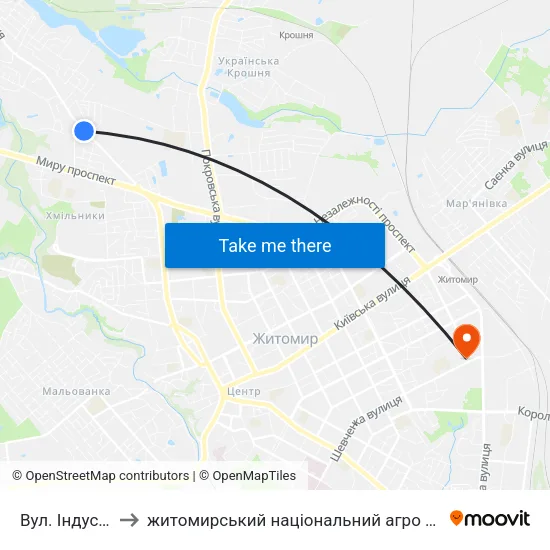 Вул. Індустріальна to житомирський національний агро екологічний університет map