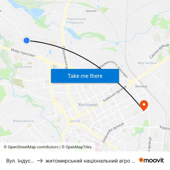 Вул. Індустріальна to житомирський національний агро екологічний університет map