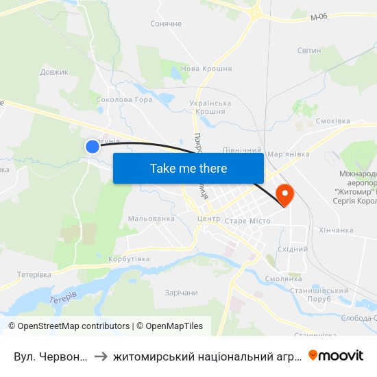 Вул. Червоноармійська to житомирський національний агро екологічний університет map