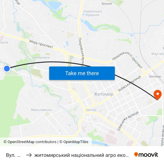Вул. Дачна to житомирський національний агро екологічний університет map