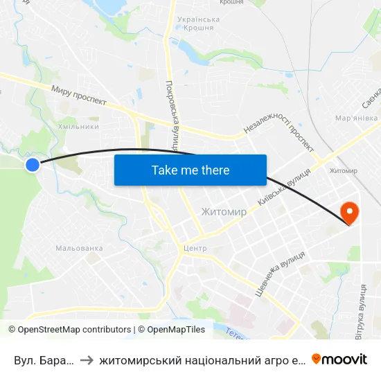 Вул. Барашівська to житомирський національний агро екологічний університет map