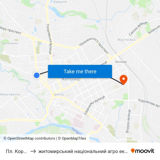 Пл. Короленка to житомирський національний агро екологічний університет map