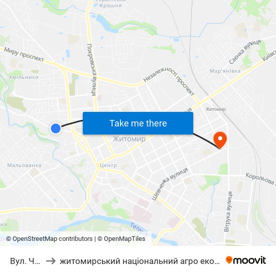 Вул. Чехова to житомирський національний агро екологічний університет map