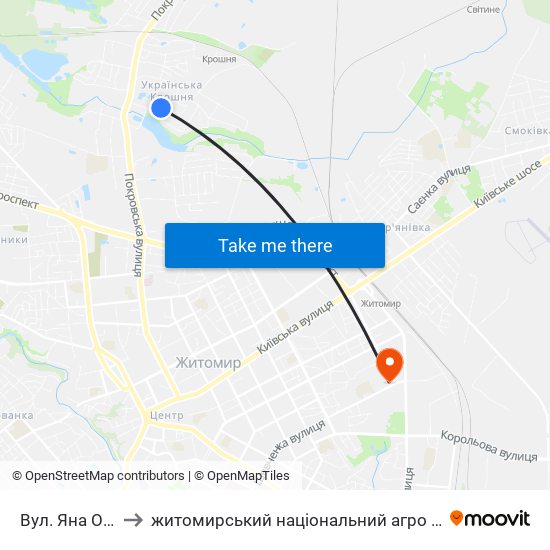 Вул. Яна Охоцького to житомирський національний агро екологічний університет map