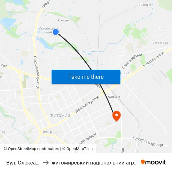 Вул. Олександра Олеся to житомирський національний агро екологічний університет map