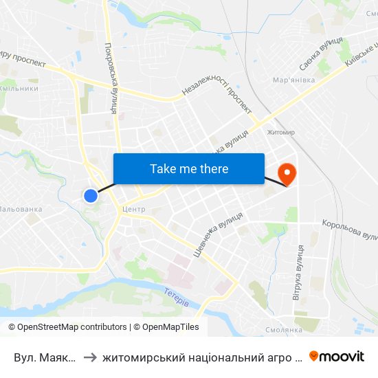 Вул. Маяковського to житомирський національний агро екологічний університет map