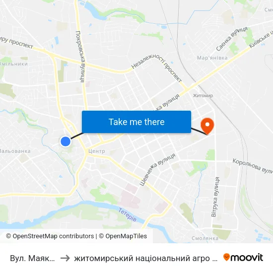 Вул. Маяковського to житомирський національний агро екологічний університет map