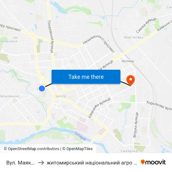 Вул. Маяковського to житомирський національний агро екологічний університет map
