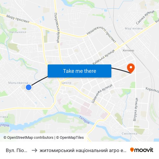 Вул. Піонерська to житомирський національний агро екологічний університет map