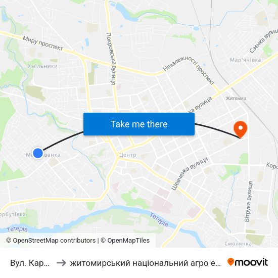Вул. Кармелюка to житомирський національний агро екологічний університет map