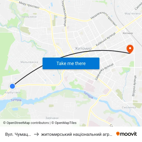 Вул. Чумацький Шлях to житомирський національний агро екологічний університет map