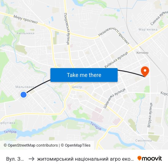 Вул. Західна to житомирський національний агро екологічний університет map