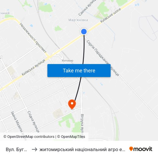 Вул. Бугайченка to житомирський національний агро екологічний університет map
