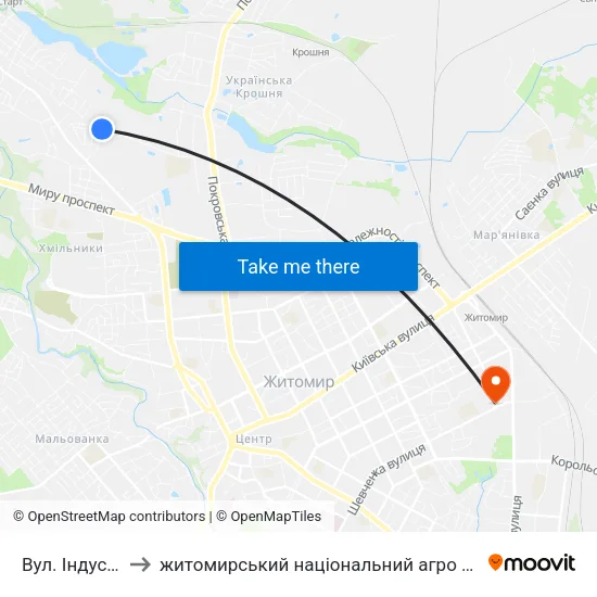 Вул. Індустріальна to житомирський національний агро екологічний університет map