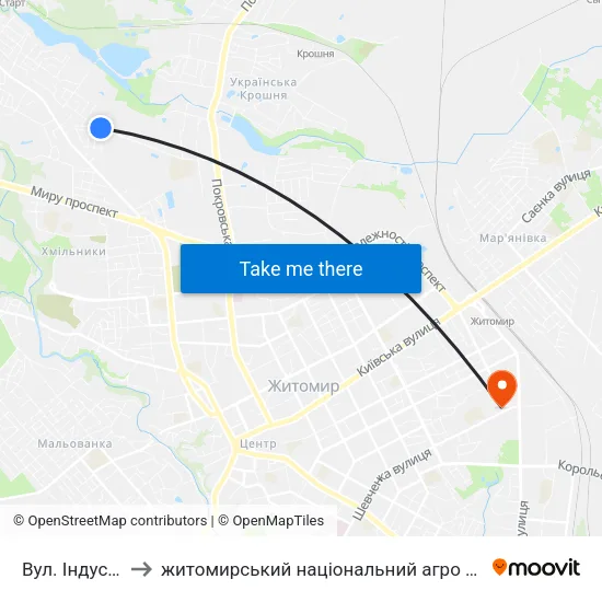 Вул. Індустріальна to житомирський національний агро екологічний університет map