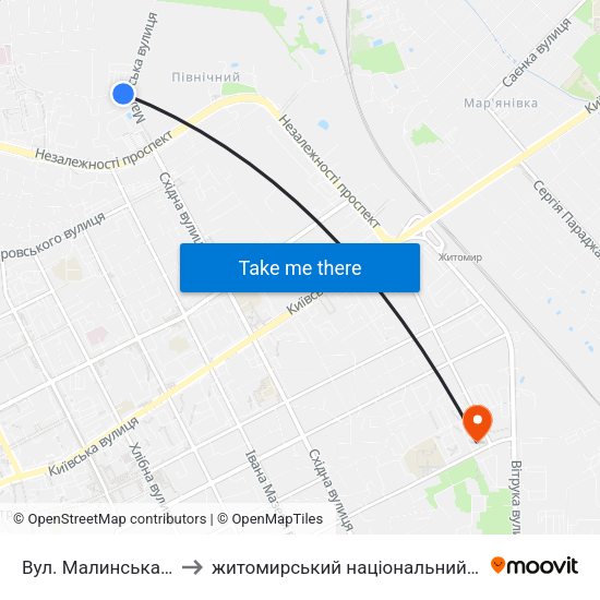 Вул. Малинська (Оптовий Ринок) to житомирський національний агро екологічний університет map