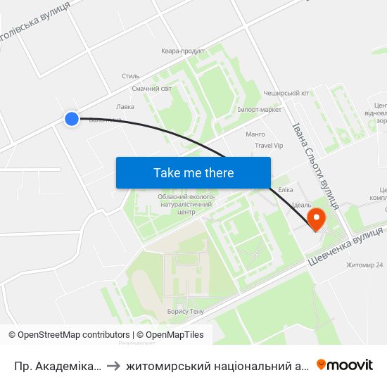 Пр. Академіка Тутковського to житомирський національний агро екологічний університет map