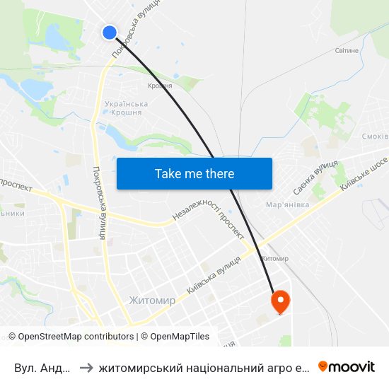 Вул. Андріївська to житомирський національний агро екологічний університет map