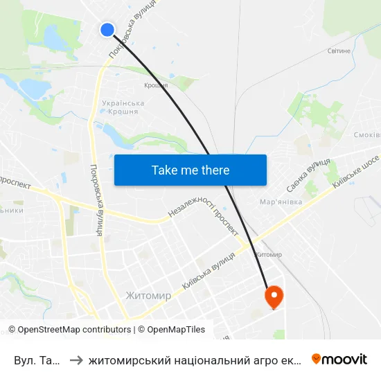 Вул. Танкістів to житомирський національний агро екологічний університет map